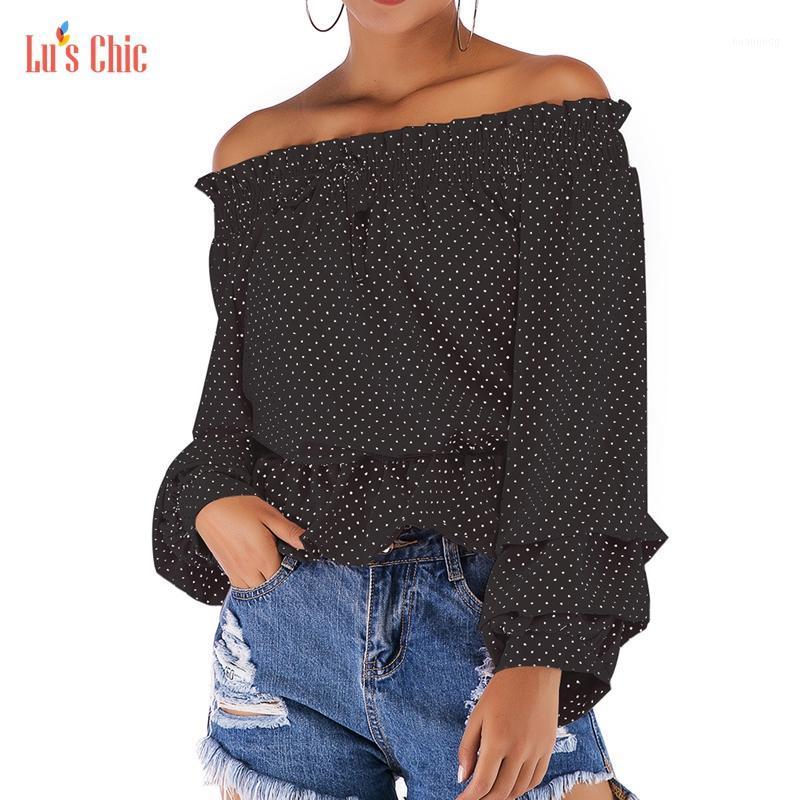

Women' Blouses & Shirts Lu' Chic Long Sleeve Polka Dot Women Off Shoulder Tops Chiffon Tshirt Ruffle Cute Ruched Drawstring Elastic Band, Blue