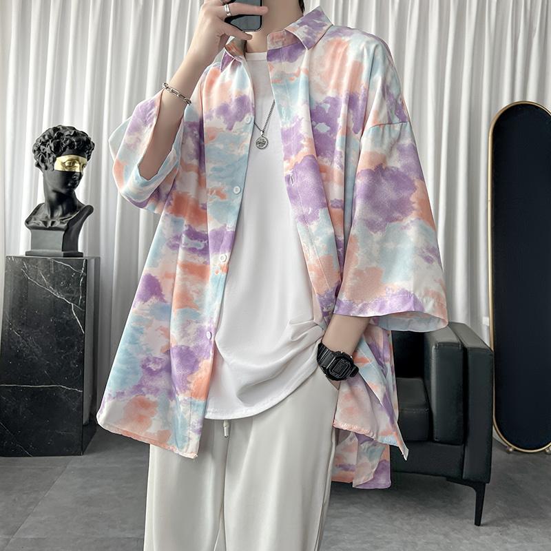 

Men's Casual Shirts Summer Short Sleeve Shirt Men Fashion Tie Dye Korean Loose Oversized Ice Silk Mens Hawaiian -2XLMen's, Green