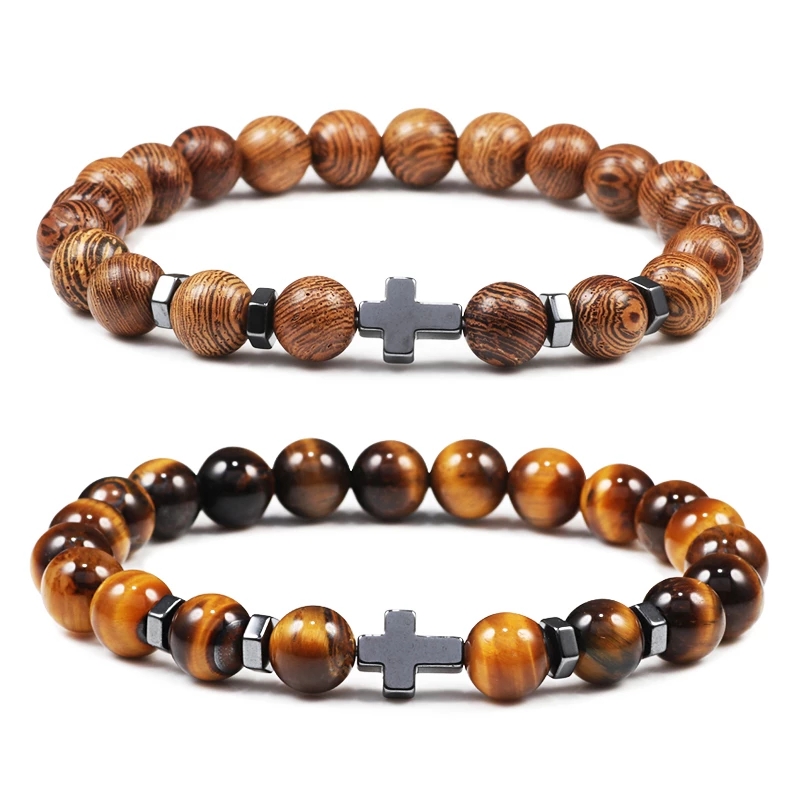 Natural Stone Wood Beads Rosary Hematite Cross Bracelets Onyx Meditation Bracelet Women Yoga Jewelry-image-794377984