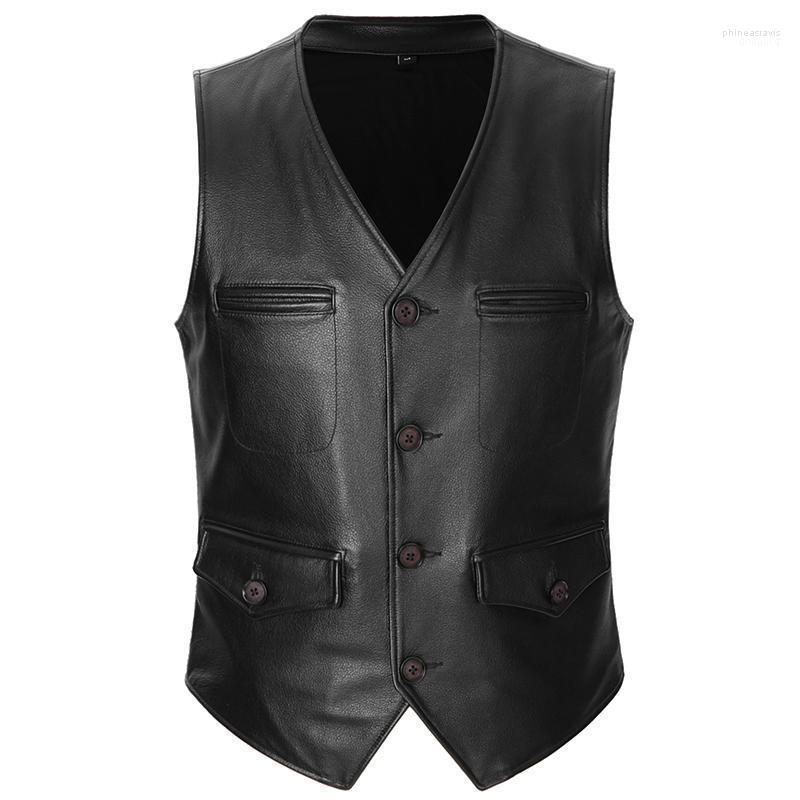 

Men' Vests Genuine Mens Collarless Motorcycle Biker Waistcoat/Vest Black Real Leather Thick Cowhide Sleeveless Jackets Phin22