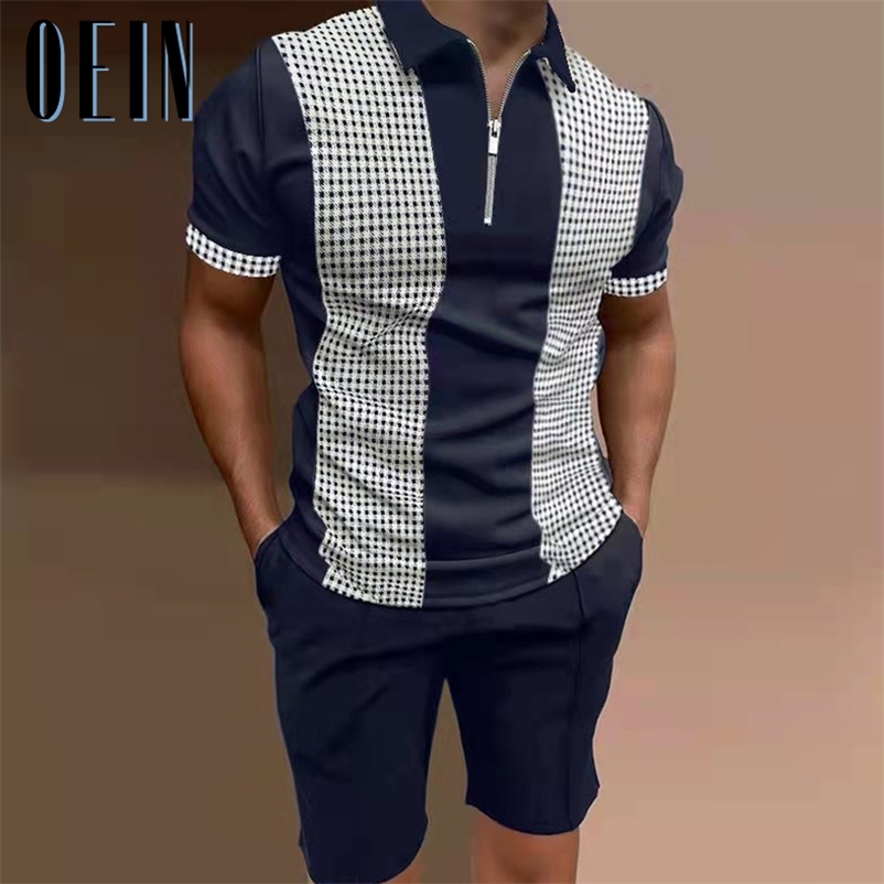 Survêtement d'été hommes sport décontracté ensemble couleur unie Plaid à manches courtes Polo Shorts ensembles hommes mode 2 pièces vêtements de