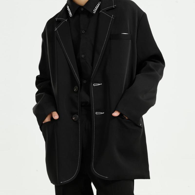 

Men' Suits & Blazers Firmranch Fall Spring Ins Contrast Color Stitch Casual Suit Men Loose All Match Coat Design Sense Overcoat BF Style Fo, Black