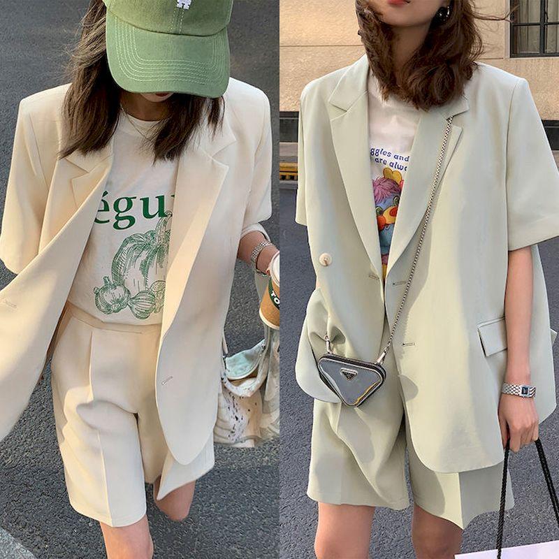

Women's Tracksuits Women Summer Blazer Set Women's Suits Thin Casual Loose Short Sleeve Suit Jacket 2 Piece And PantsWomen's, Beige sets