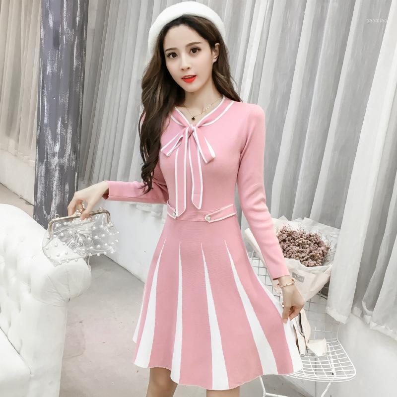 

Casual Dresses Fashion Knitted Dress Women Vintage Striped Fall Winter Bow Collar Slim Elastic A-line Ladies Sweater Vestidos, Black