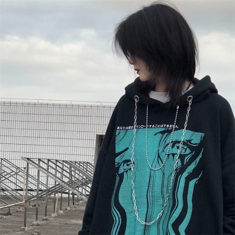 

HOUZHOU Streetwear Women Anime Hoodie Harajuku Gothic Punk Kpop Oversize Pullover Long Sleeve Chain Sweatshirt Korean Fashion 220406, Black