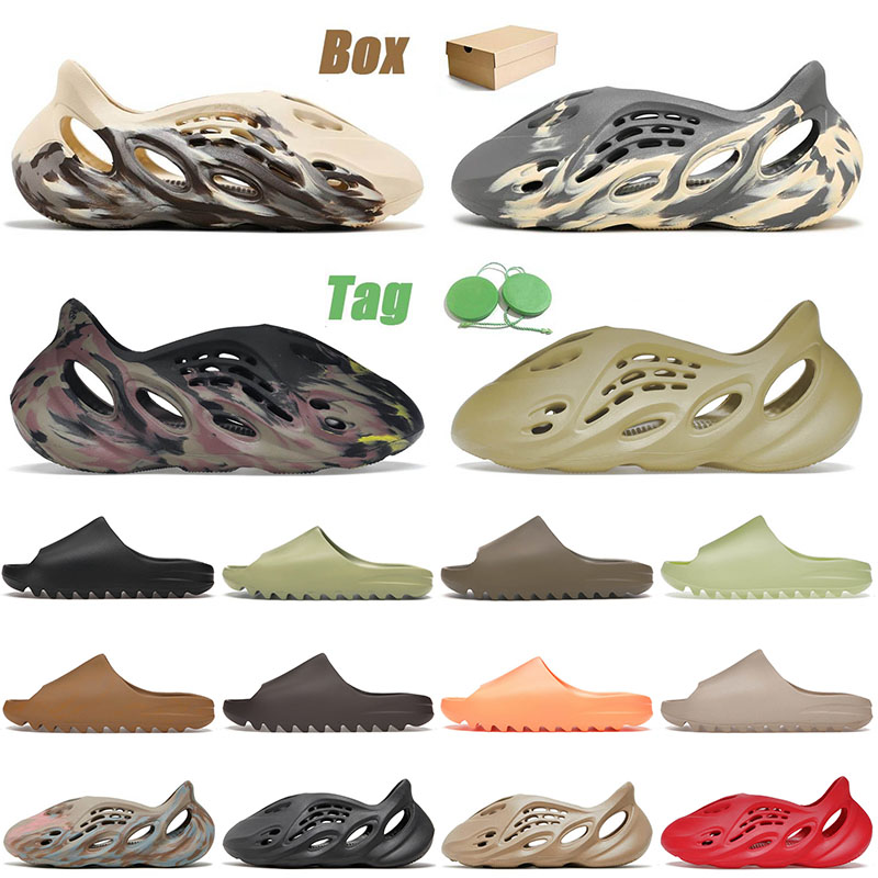 

with box luxury designer mens women foam runner slides slippers runners Enflame Orange Glow Green Moon Gray Ochre Desert Sand Rubber Sandals foams slide, A55 reverse black toe 36-45