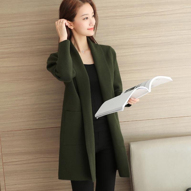 

Women's Knits & Tees Autumn Long Knitted Cardigan Women Sweater V Neck Solid Knitwear Lady Casual Korean Loose Female Outerwear Tops, White