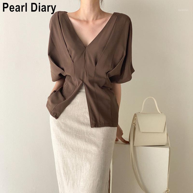 

Women's Blouses & Shirts Summer V-neck Folds Short Sleeve Women Slim Solid Color Casual Vintage Shirt Elegant Blusas Mujer De Moda 2022 Fash, Black