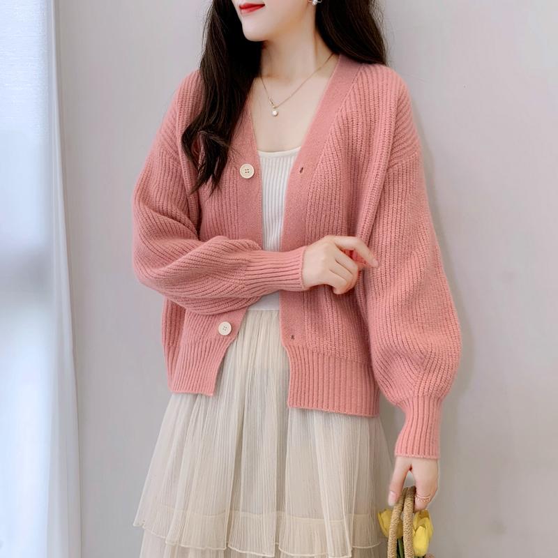 

Women's Knits & Tees Women's Sweet Lantern Sleeve V Neck Cardigan Spring Autumn Solid Color Long Knitted Jacket Lady Cute Sweater Outwea, White