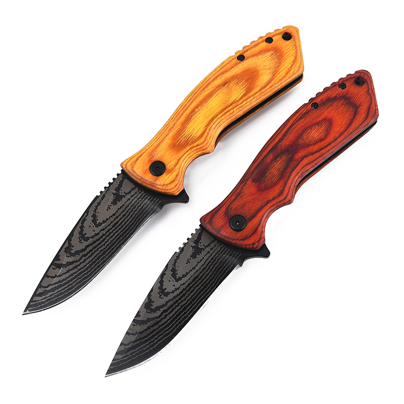 

outdoor camping knife YM145 Wood blade Convenient folding pocket knives Colour wood handle fruit or garden EDC tools GB available two colors browning X50 boker