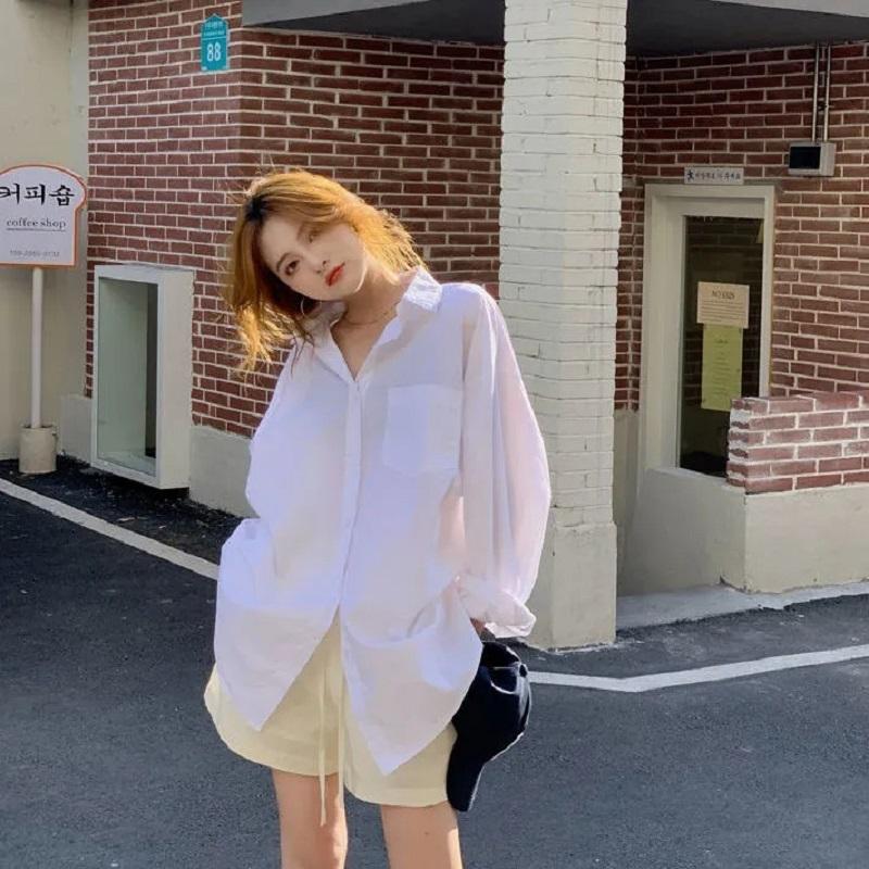 

Women' Blouses & Shirts Autumn Korean Style Casual Loose Women' White Basic Shirt Chic Button Up Ladies Blouse Pocket Work Female Clot
