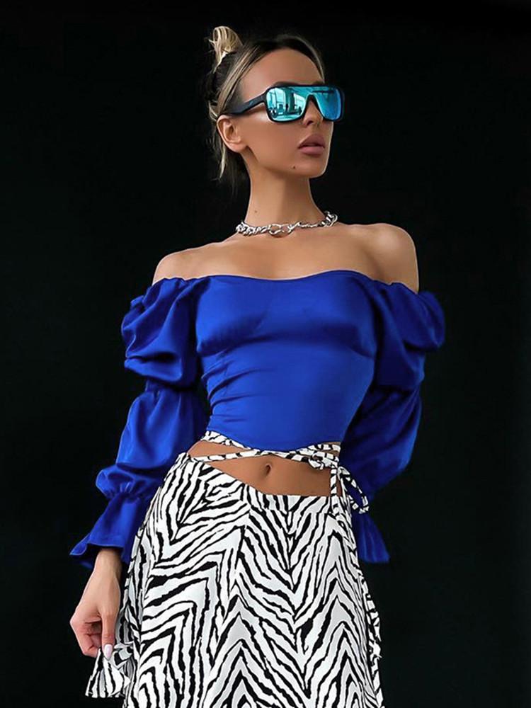 

Women' Blouses & Shirts Hirigin Spring Summer Satin Blouse Women Lace Up Sexy Backless Elegant Shirt Long Sleeve Wrap Top Ladies Solid Crop, Blue