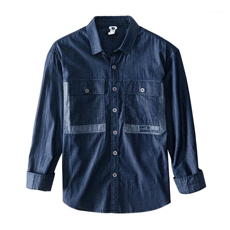 

Patchwork Denim Shirt For Men Long Sleeve Casual Tops 100%cotton Turn-down Collar Male Vintage Clothing 2022 Men's Shirts, Black