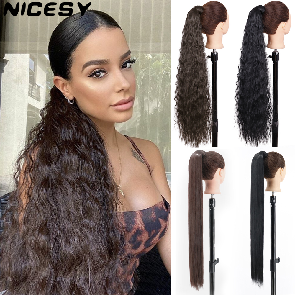 Costume Accessories Synthetic Corn Wavy Long Ponytail Hairpiece Wrap On Clip Hair Extensions Black Brown Pony Tail Blonde Fack Hair-image-773030968