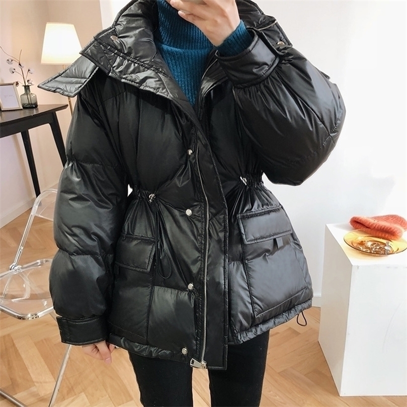 

HXJJP Waist Hugging Down Cotton Coat Women's Winter Hooded Jacket Warm Windproof Oversize Puffer Jacket Parka Branded 201127, Black