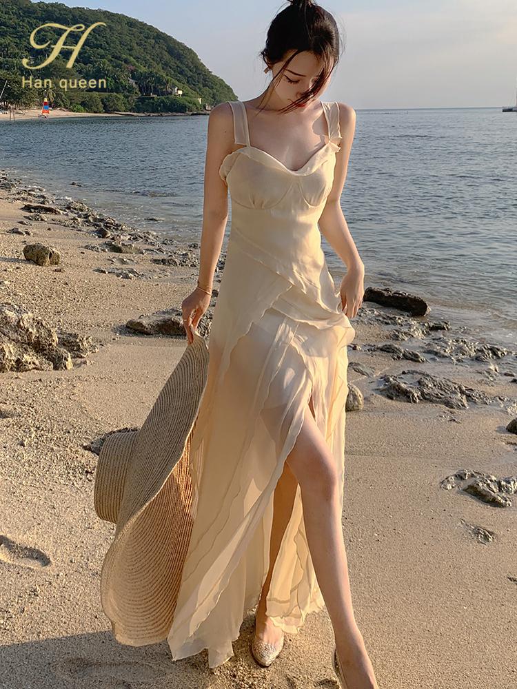 

Casual Dresses Han Queen Summer Women Simple Vintage Office Seaside Travel Vacation Beach Dress Elegant Ruffles Slim Long VestidoCasual, Apricot
