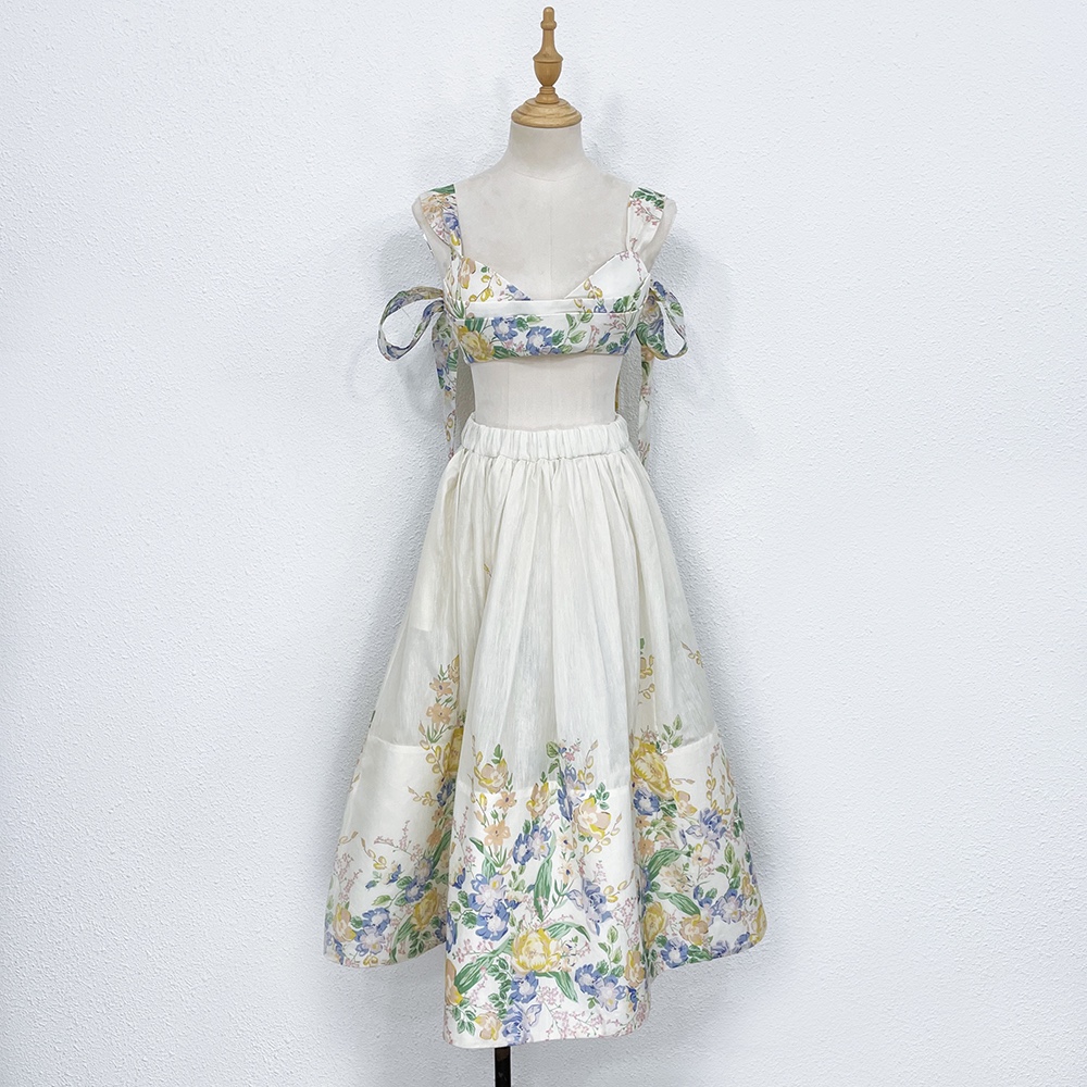

Australia Two Piece Dress silk linen print skirt blouse set, Multi