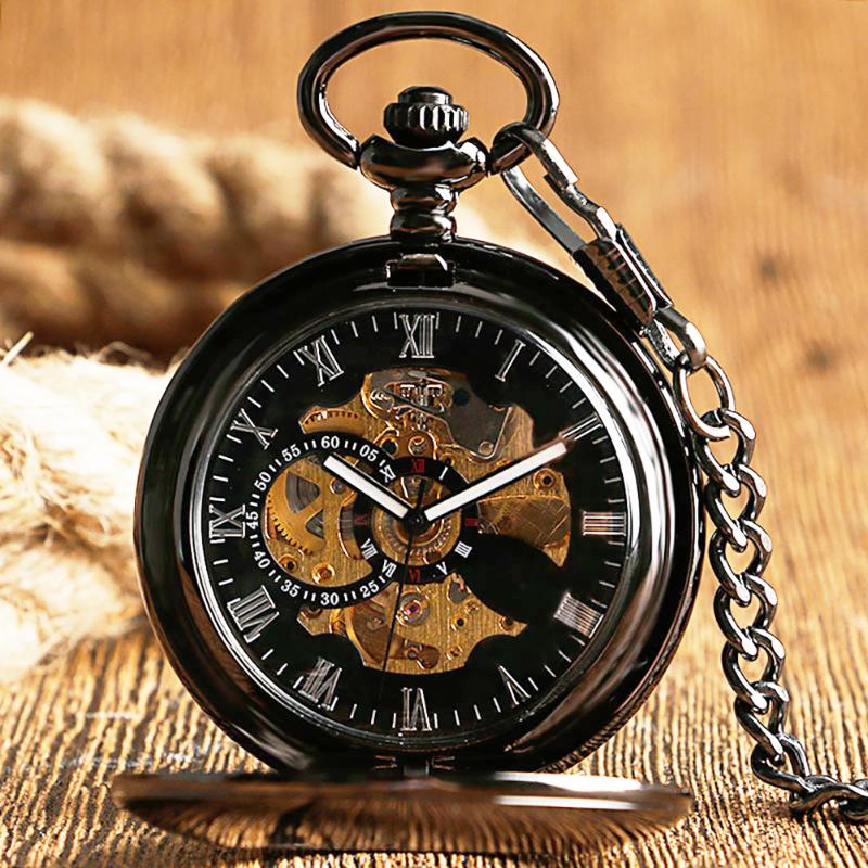 

Pocket Watches Circle Openwork Automatic Mechanical Watch Smooth Case Self-Wind Black Pendant Roman Numeral Dial ClocksPocket, Only watch