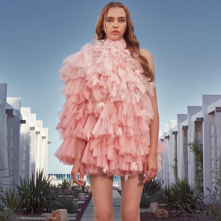 Robes décontractées rose une épaule robe en tulle Mini volants couche robe de bal moelleux femme élégante pour les femmes grande taille décontrac