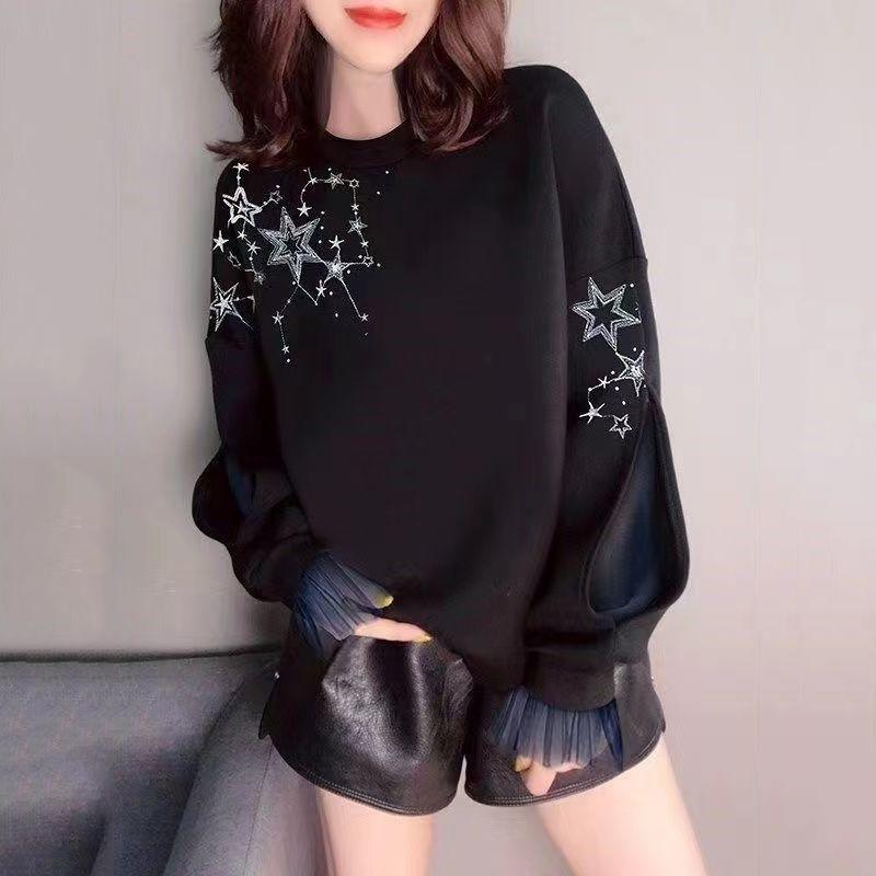 

Women's Hoodies & Sweatshirts 2022 Spring Autumn O-Neck Pullover Women Korean Loose Clothes Oversized Sweatshirt Vintage Harajuku Mesh Splic, Thin black