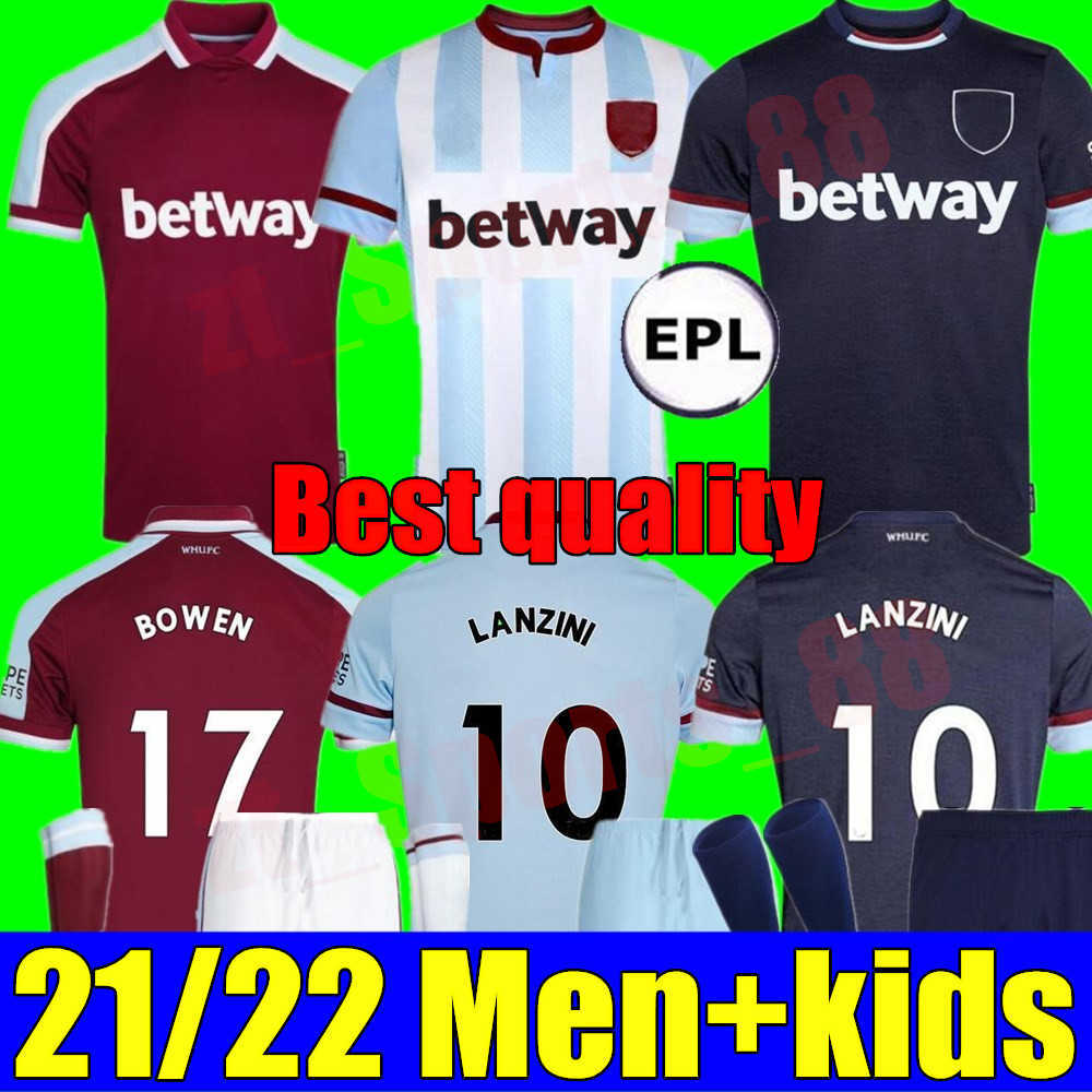 

West Fútbol Jersey 21 22 Noble Ham Anderson United Arroz Bowen Antonio Benrahma 2021 2022 Camisa de Fútbol Hombres adultos + Kit Kits Sets, Adult away+league patch