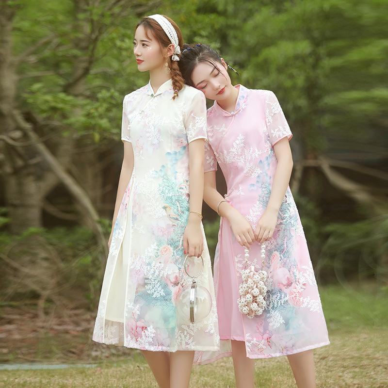 

Ethnic Clothing Embroidery Aodai High Split Cheongsam Dress Traditional Oriental Ao Dai Short Sleeve Women Vietnam QipaoEthnic