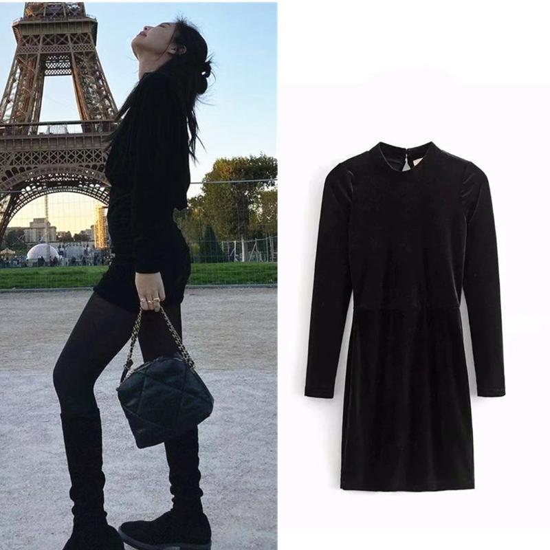 Casual Dresses Kpop Korean Celebrity Same Streetwear Black Velvet Backless Dress Women Sexy Bodycon Mini Lady Soiree Party O-Neck-image-764002073