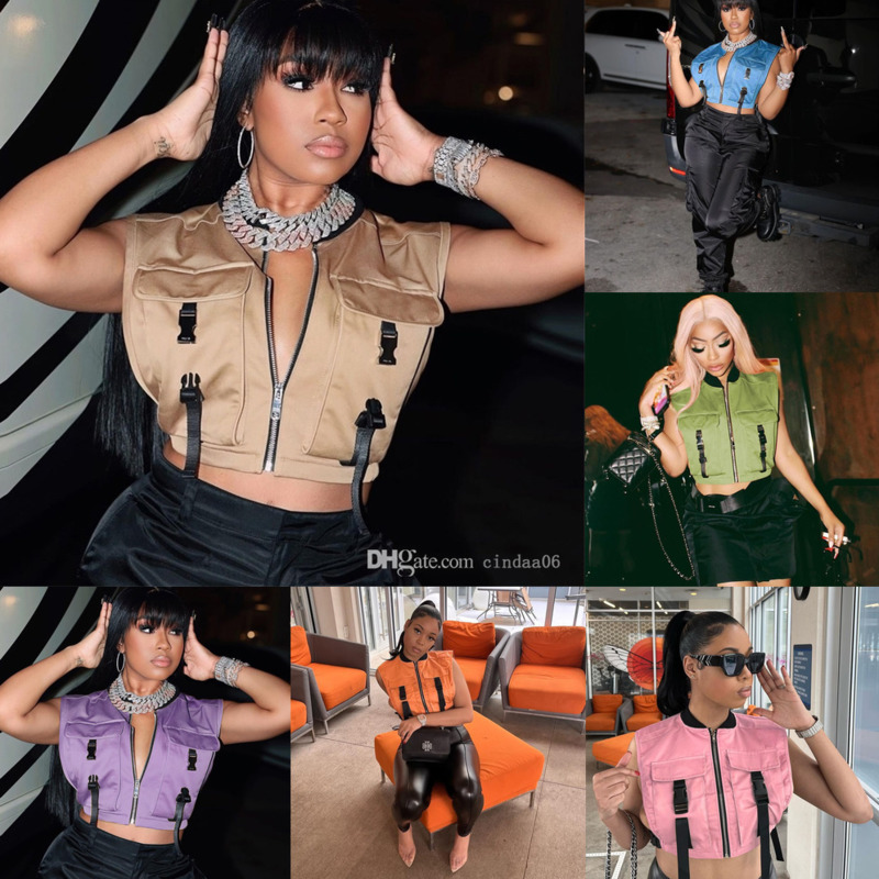 

2022 New Fashion Trend Sexy Women Designer Jacket Vest Work Clothes Zipper Cardigan Top With Pockets Clothing, Green