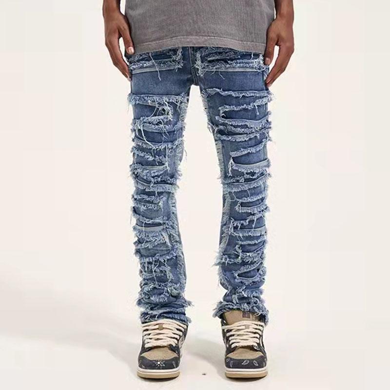 

Men's Jeans Retro Hole Men Hip Hop Streetwear Straight Washed Distressed Denim Pants Harajuku Vibe Style Casual Ripped Jean TrousersMen's, Blue