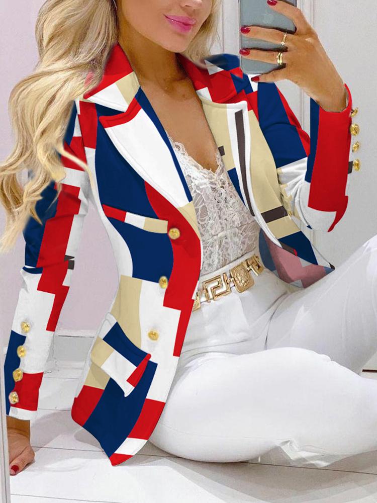 

Women' Suits & Blazers Autumn 2022 Women Geometric Print Long Sleeve Buttoned Front Blazer Jacket Office Lady, Khaki