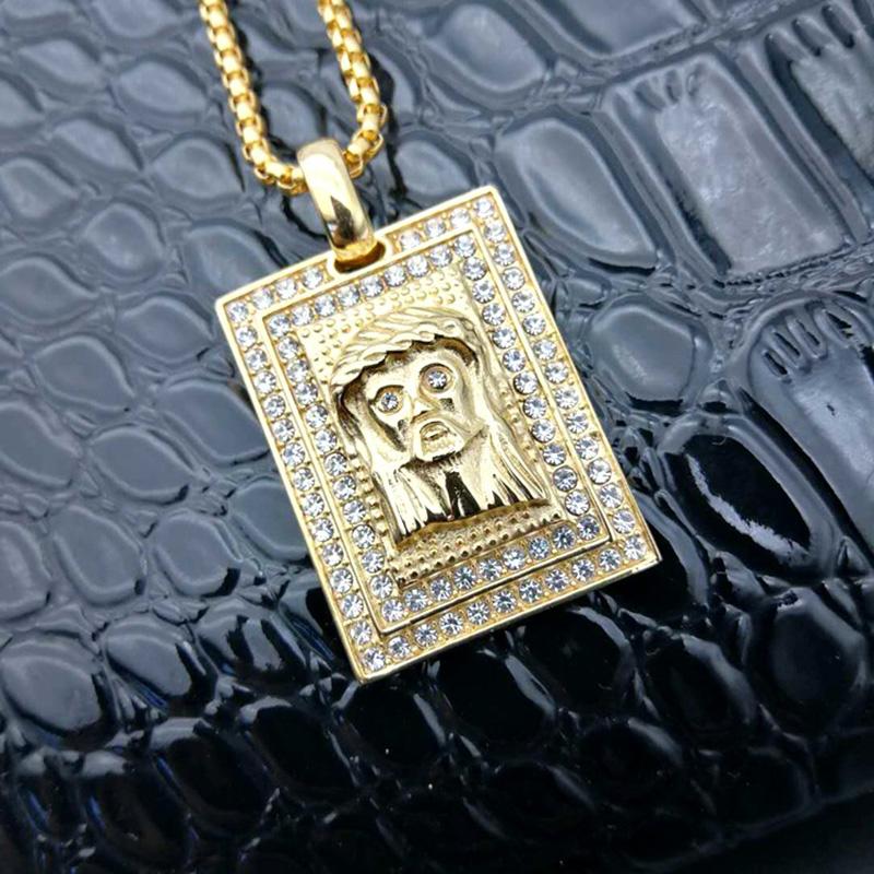 

Pendant Necklaces Hip Hop Rock Full Rhinestone Bling Out Gold Color Stainless Steel Jesus Piece Square Necklace For Men Rapper JewerlyPendan