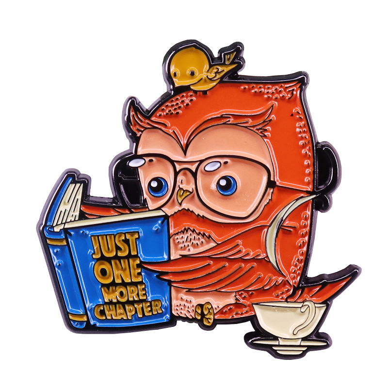 

Reading owl pin literary book and coffee lover gift, As picture