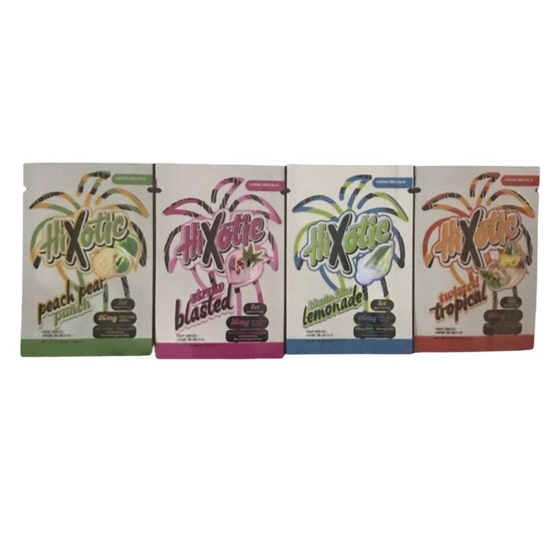 

3 side sealed heat seal HiXotic mylar bags 60mg twisted tropical blazin blue lemonade peach pear punch packaging bag smell proof 30mg straw blasted Legal Delta 9 bag