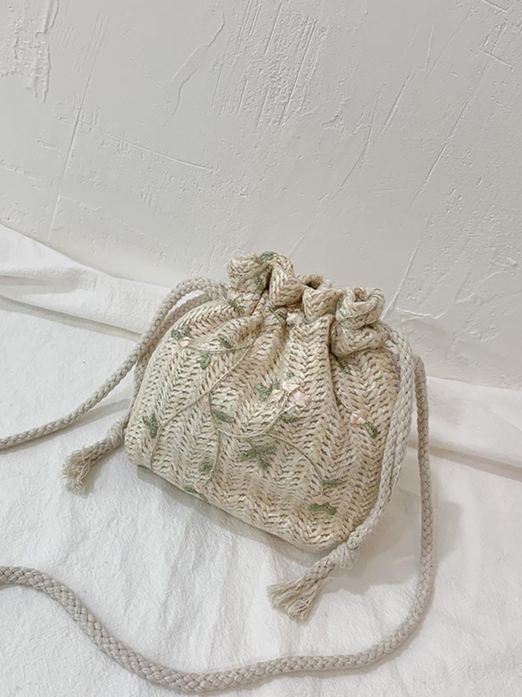 

Evening Bags Fashion Small Shoulder Bag Women Drawstring Straw Flower Embroidery Beach Ladies Casual Lace Crossbody Handbags For Travel, Brown