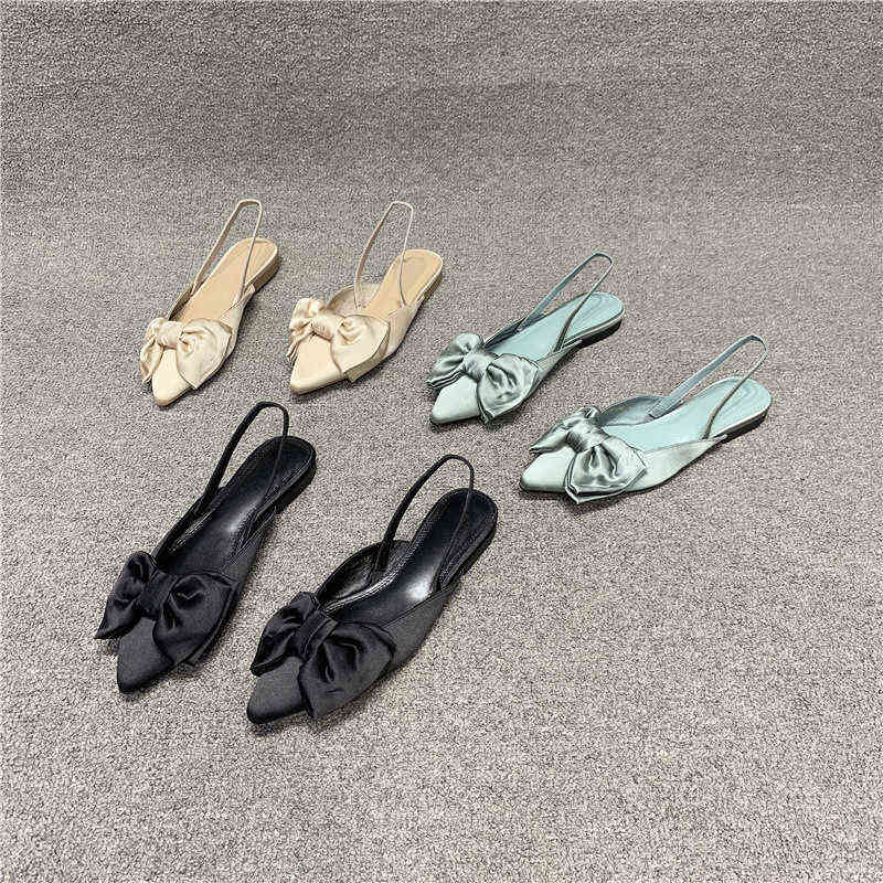 

Women's shoes 2022 summer pointed shallow mouth bow single shoes with one-sided belt over foot flat sandals, Black