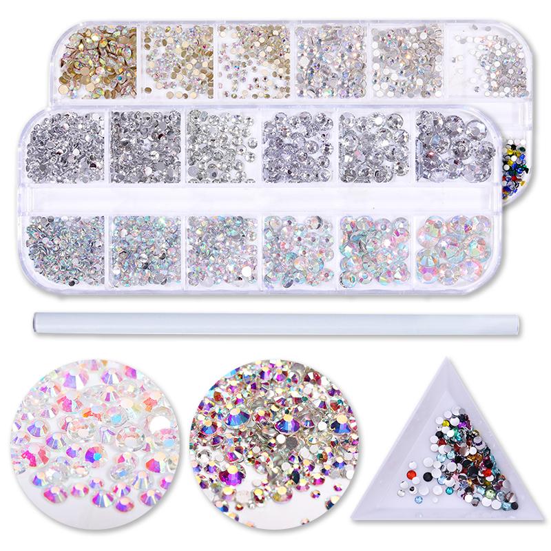

Nail Art Decorations Set Crystal Rhinestone Multi-size 3D Charms Flat-back AB Clear Stones Gems Gold Silver RivetsNail