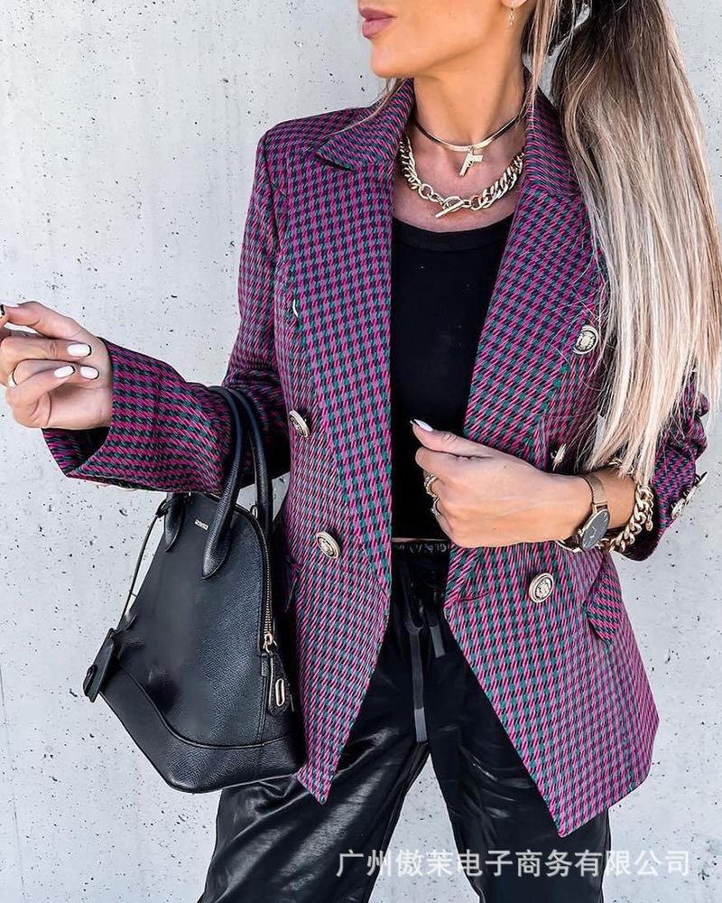 

Women' Suits & Blazers Dark Purple Plaid Suit Coat 2022 Autumn Office Casual Work Clothes Lapel Long Sleeve Double Breasted Straight Jacket