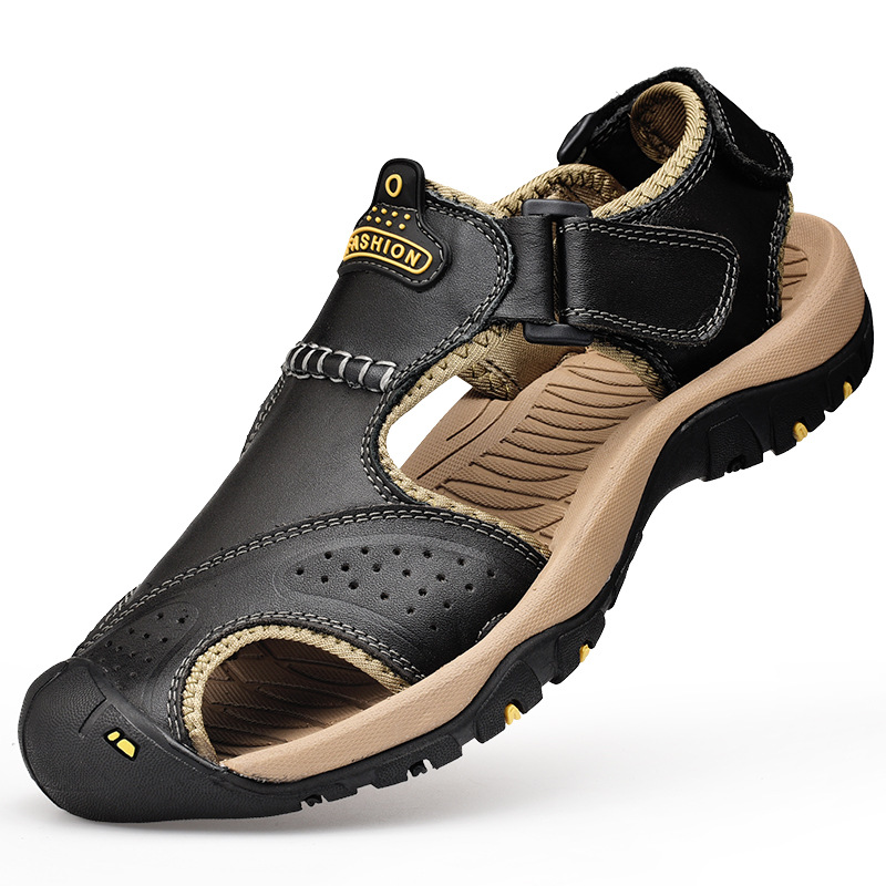 Large size sandals men 2022 summer new breathable toe sandal outdoor leisure Casual beach shoes Head layer cowhide Mocha low 001