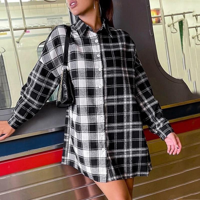 

Casual Dresses Plaid Shirts Mini Women Long Sleeve Tunic Tops Dress Streetwear Vestidos De Manga Larga, Black