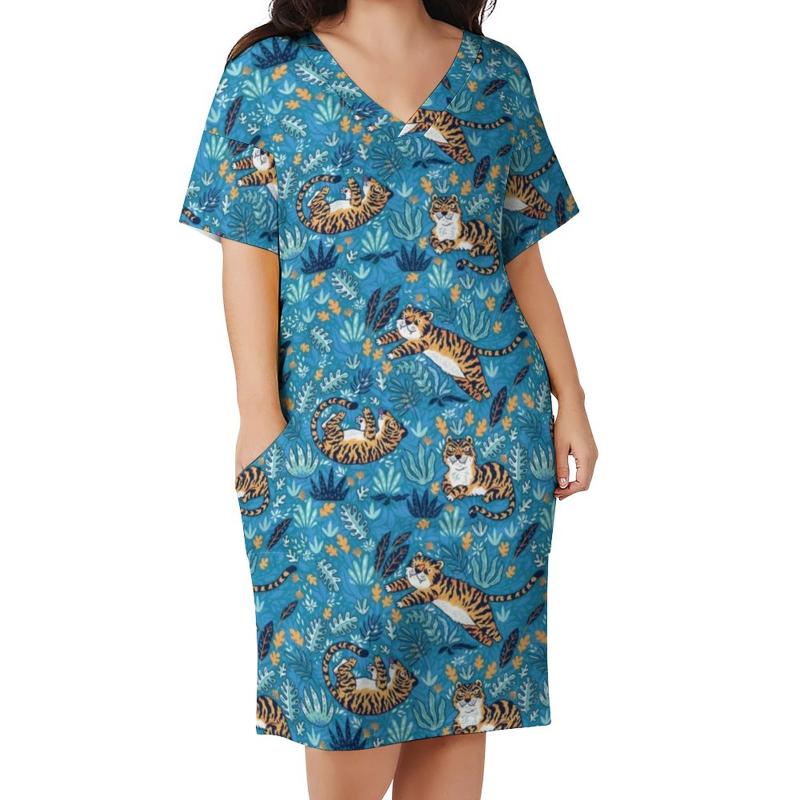 

Plus Size Dresses Wild Tiger Dress Jungle Leaf Print Aesthetic Casual Womens Spring Short Sleeve Retro Gift IdeaPlus, Style-16