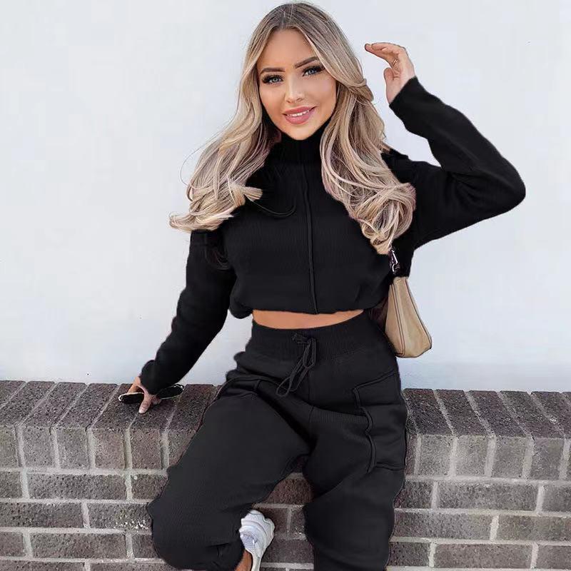 

Women's Two Piece Pants 2022Womens 2 Outfits Pullover Lounge Sets Long Sleeve Workout Tracksuit With Pockets, Black