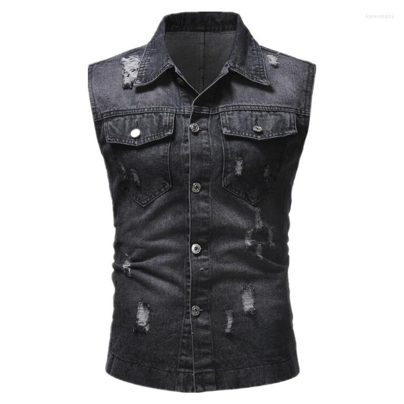 

Men's Vests 2022 Men Denim Vest Jacket Sleeveless Casual Waistcoat Jean Coat Ripped Slim Fit Mens Cowboy Kare22, Dark blue