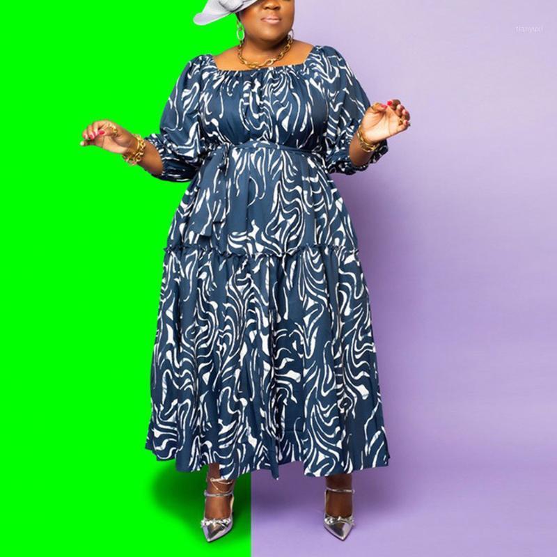 

Casual Dresses Dress 2022 Autumn Women Large Size 4XL Blue Printed Square Neck High Waisted Full Sleeve Loose Ankle Length Fashion Vestidos, Large dress