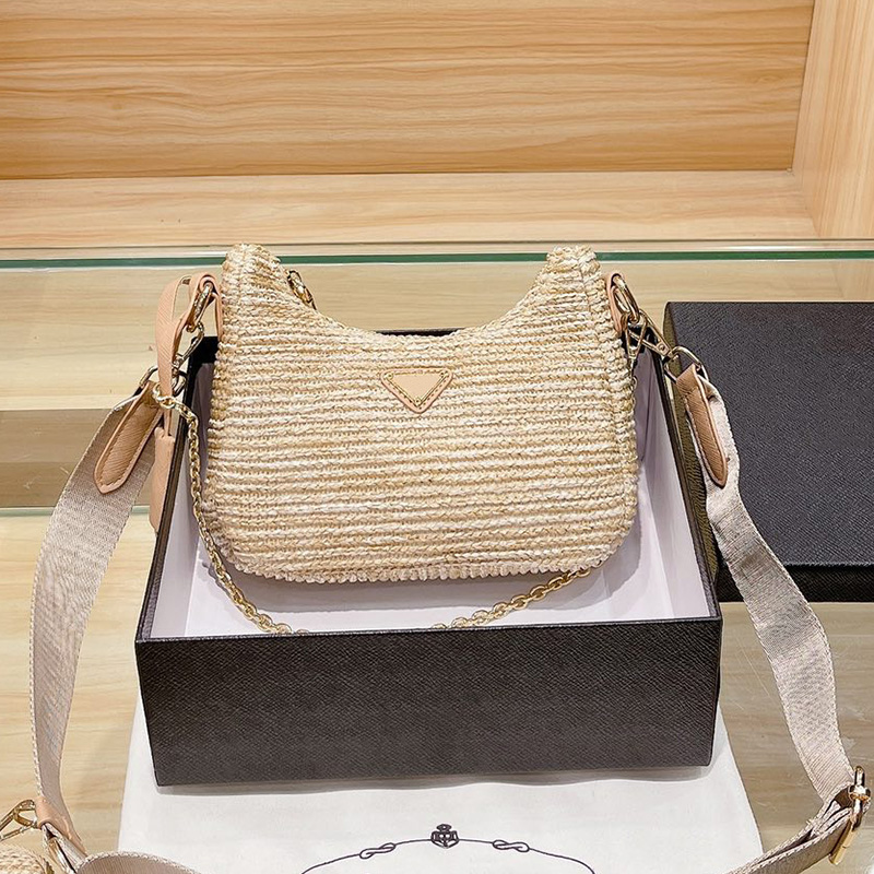 

Designer Raffia Straw Crossbody Shoulder Bag Women Luxurys Designers Bags Italy Milano Brand Knitting Underarm Handbags Woman Half Moon Hand, Box