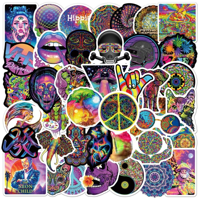 

50Pcs/Lot Cartoon Psychedelic Sticker Hippie Stickers Aesthetic Art Graffiti Decals Skateboard Fridge Guitar DIY Sticker, Multi colors