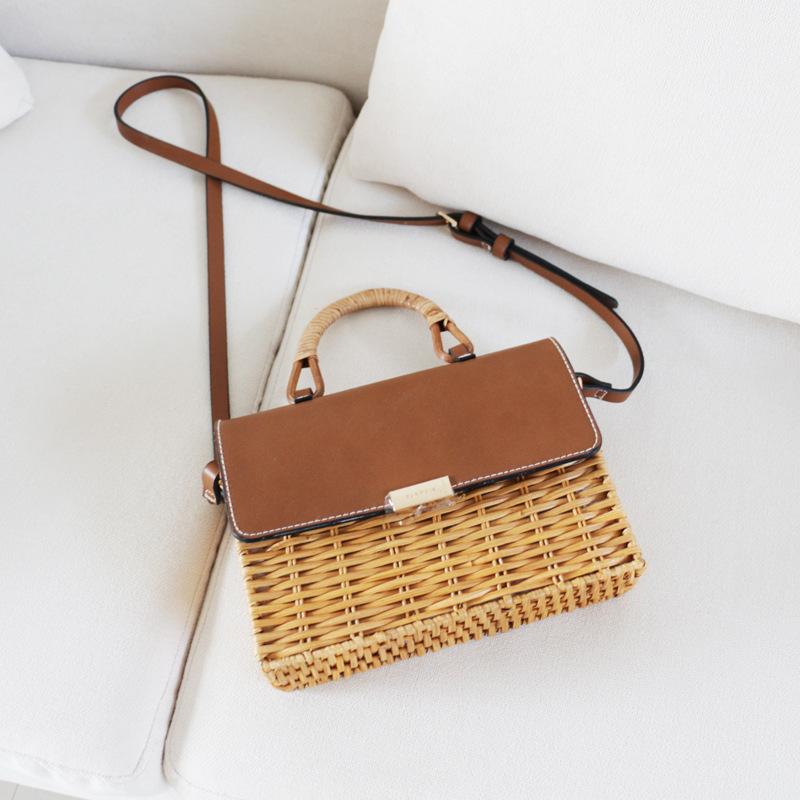 

Evening Bags Summer Women Rattan Handbag Brand Design Classic Vintage Box Wicker Weave Crossbody Bag Female Beach Straw Messenger BagEvening, Brown