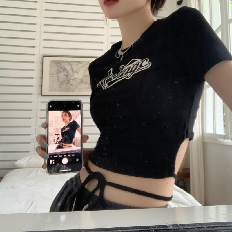 

Women's T-Shirt O-neck Contrast Color Sexy Crop Tops 2022 Summer Retro Letter Print Tight-fitting Lace-up Short-sleeved WomenWomen's, Black
