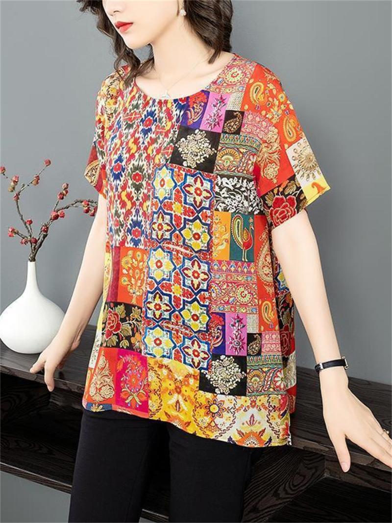 

Women's Blouses & Shirts Loose Women Spring Autumn Lady Fashion Casual Short Sleeve O-Neck Colla Retro Printing Blusas Tops2056Women's, Orange