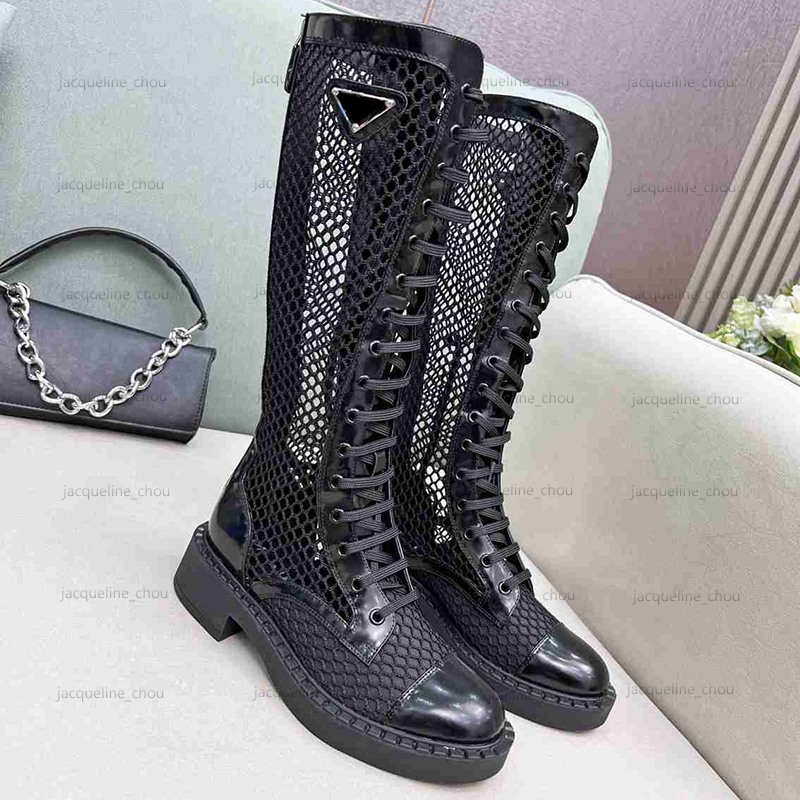 

Summer Knee High Sandal Boot Fashion Fishing Net Black Real Leather Martins Long Booties Designer Womens Boots Shoes Size 35-41