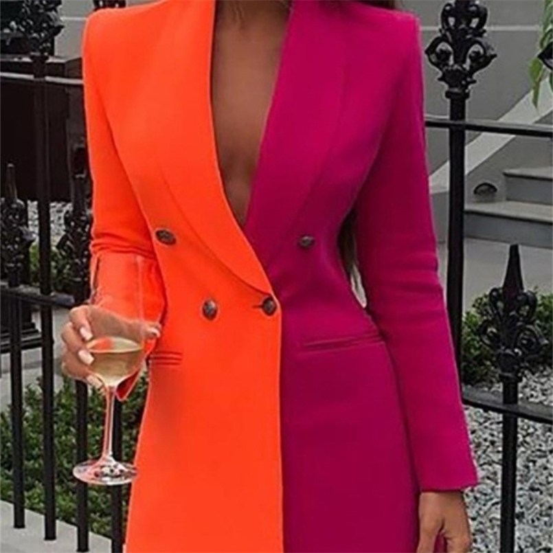 

Women's Suits In Spring Contrast Color Splicing OL Business Suit Jacket Long Colorful Blazer Jacket for Women Coats 220402, Yellow and blue